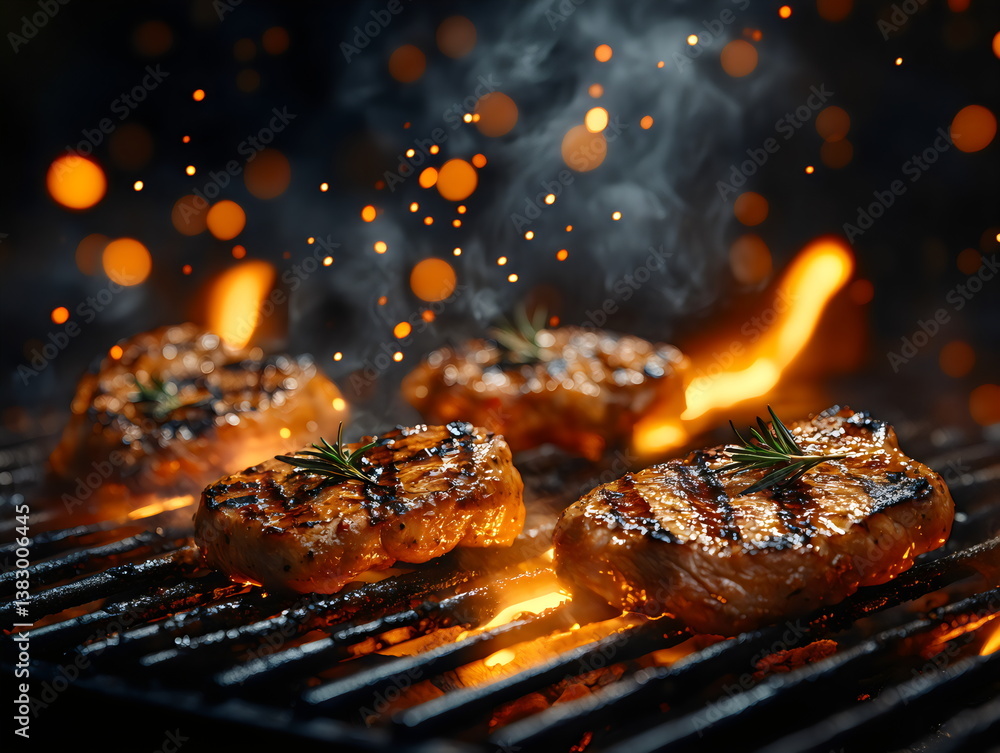 Grilling juicy steaks over an open flame with sparks and smoke rising at a nighttime barbecue Grilling juicy steaks over an open flame with sparks and smoke rising at a nighttime barbecue