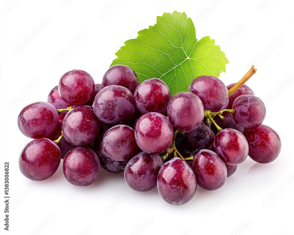 Bunch of Fresh Red Grapes with Green Leaf on White Background Bunch of Fresh Red Grapes with Green Leaf on White Background