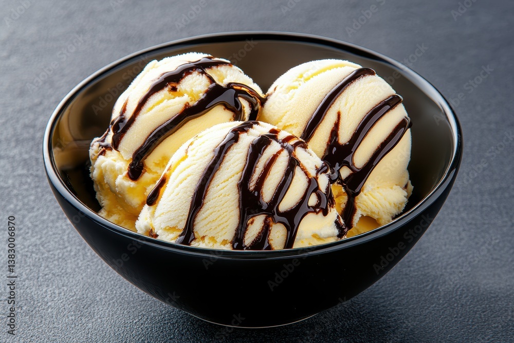 Creamy vanilla ice cream scoops drizzled with rich chocolate sauce in a stylish black bowl Creamy vanilla ice cream scoops drizzled with rich chocolate sauce in a stylish black bowl