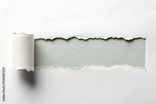 A torn piece of paper reveals a serene, pale green underlayer, a quiet moment captured in a simple yet intriguing composition with a soft white backdrop and subtle texture.