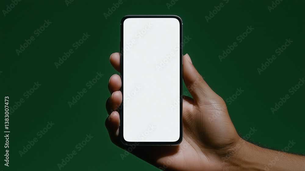 Smartphone held in hand with blank white screen for mockup. Hand holding mobile phone with empty display on green background Smartphone held in hand with blank white screen for mockup. Hand holding mobile phone with empty display on green background