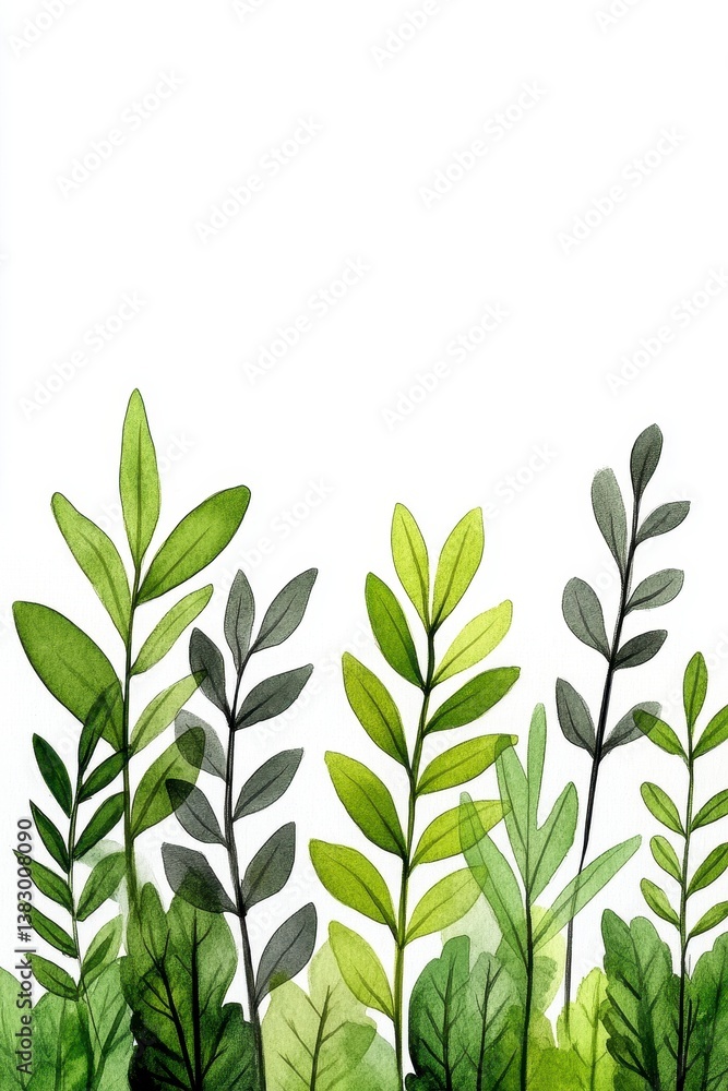 Fototapeta premium Watercolor Painting of Lush Green Leaves on White
