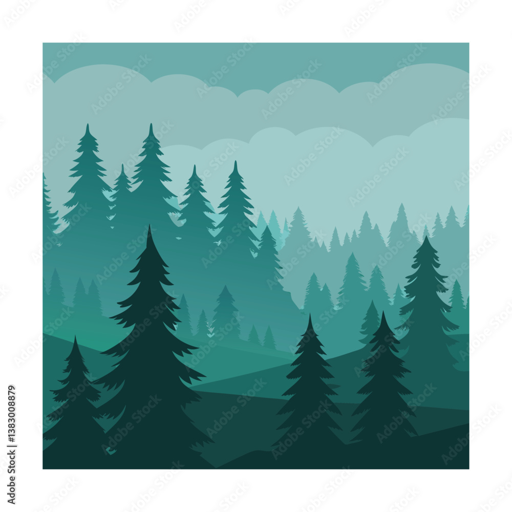 Fototapeta premium Misty Forest Landscape Silhouettes