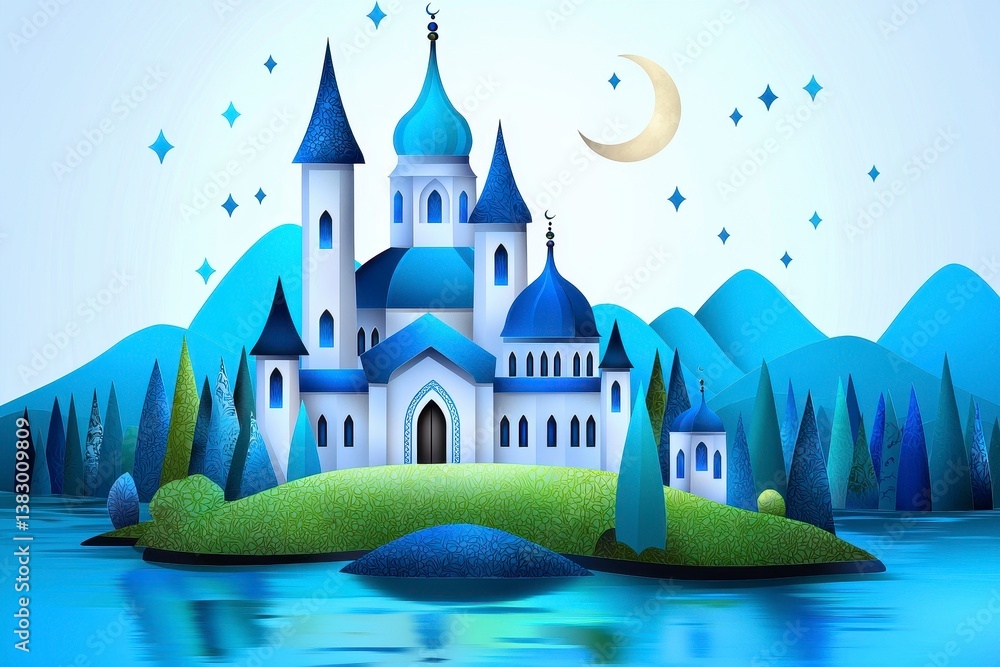 Naklejka premium Whimsical Blue Castle on Island Under Crescent Moon