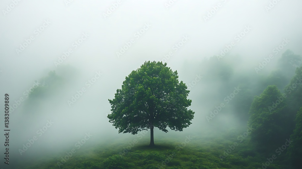 A tranquil International Day of Forests background with a single tree surrounded by misty forests against a soft green and brown gradient, macro shot, Minimalist style
