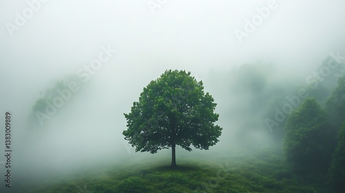 Obraz na płótnie A tranquil International Day of Forests background with a single tree surrounded by misty forests against a soft green and brown gradient, macro shot, Minimalist style w salonie