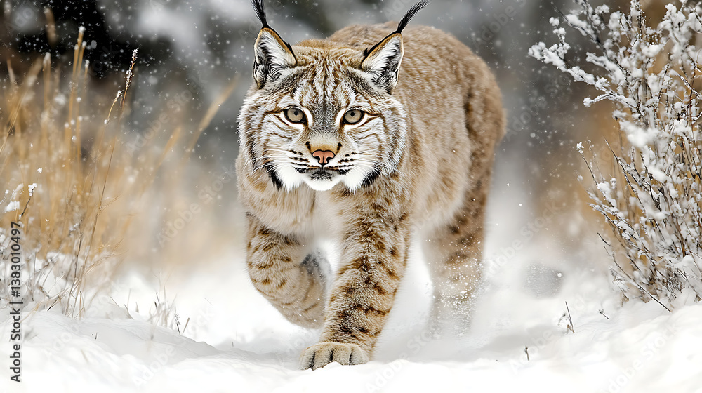 Fototapeta premium Lynx Moving Through Pine Forest – Focused Wild Cat in Ultra Detail