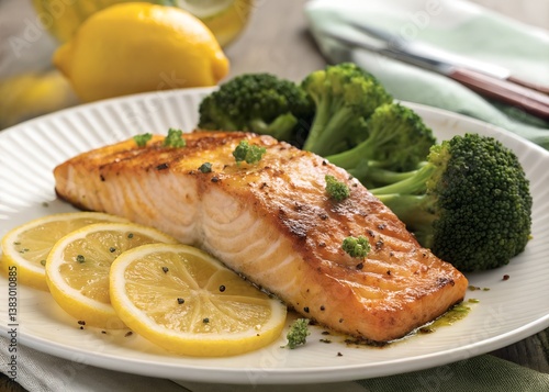Macro shot of golden roasted salmon, juicy lemon wedges, and fresh broccoli. High-end food photography emphasizing nutritious, high-protein, and visually appealing natural ingredients.
