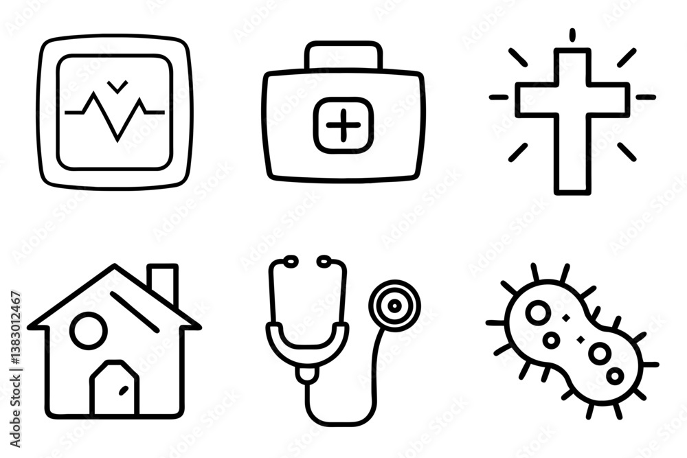 Set of medical icons featuring heartbeat monitor, first aid kit, cross, house, stethoscope, and bacteria concept Set of medical icons featuring heartbeat monitor, first aid kit, cross, house, stethoscope, and bacteria concept