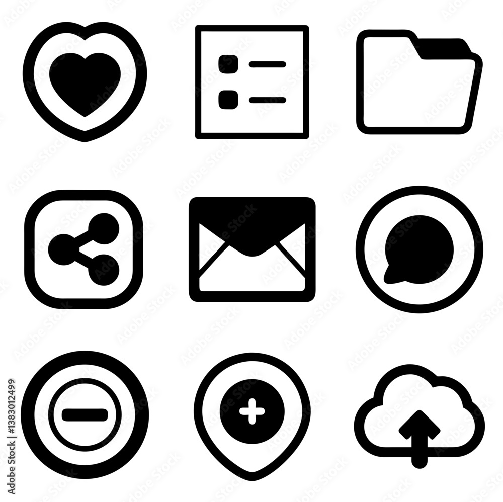 Icon set of communication and organization: heart, menu, folder, share, letter, comment, delete, add, save to cloud Icon set of communication and organization: heart, menu, folder, share, letter, comment, delete, add, save to cloud