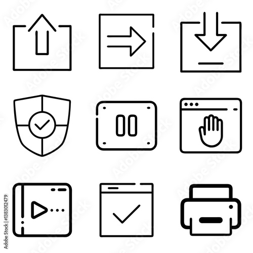 Icon set for navigation and control: arrow up, arrow right, arrow down, protection, pause, stop, rewind, checkmark, print