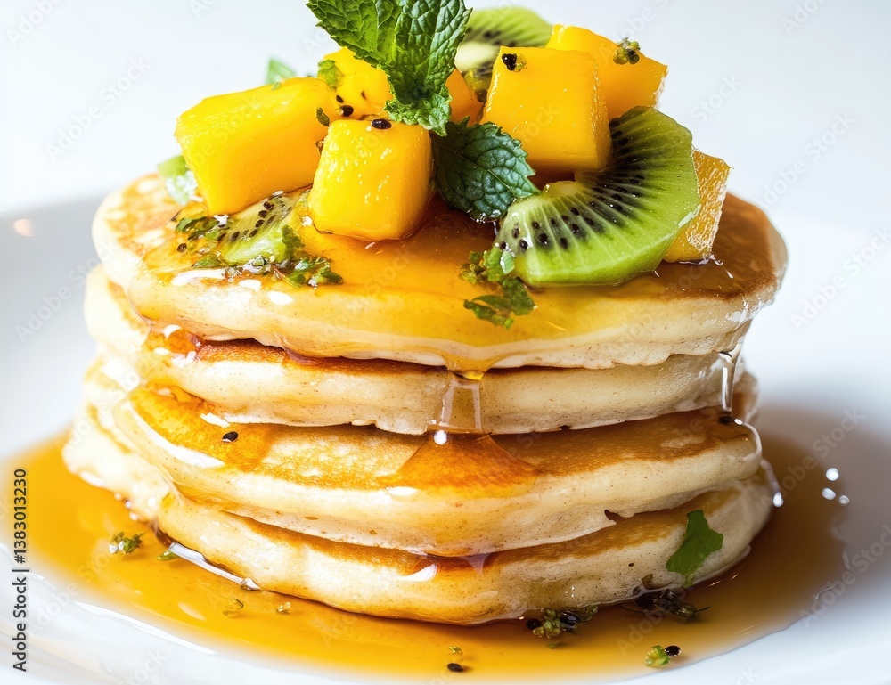 Stack of fluffy pancakes topped with fresh mango and kiwi slices, drizzled with honey and garnished with mint Stack of fluffy pancakes topped with fresh mango and kiwi slices, drizzled with honey and garnished with mint
