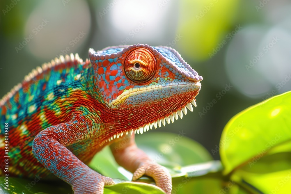 Obraz premium An ultra-detailed close-up shot of a chameleon with iridescent scales in vivid shades of red, orange, blue, and green, blending into its lush tropical surroundings.
