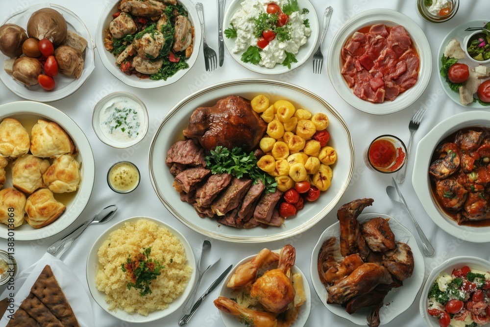 Flat lay high angle shot of a family lunch table with various plates of food , dishes and cutlery. Flat lay high angle shot of a family lunch table with various plates of food , dishes and cutlery.
