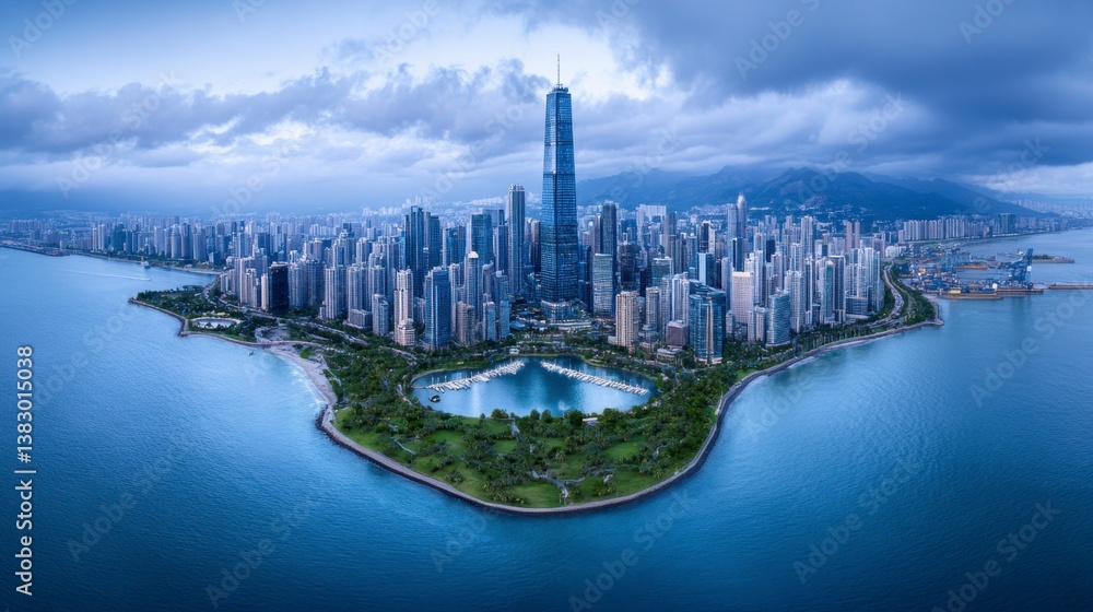 Fototapeta premium Aerial view of a coastal city at dusk, featuring a central park and a modern skyscraper skyline. The image shows a panoramic view of the city.