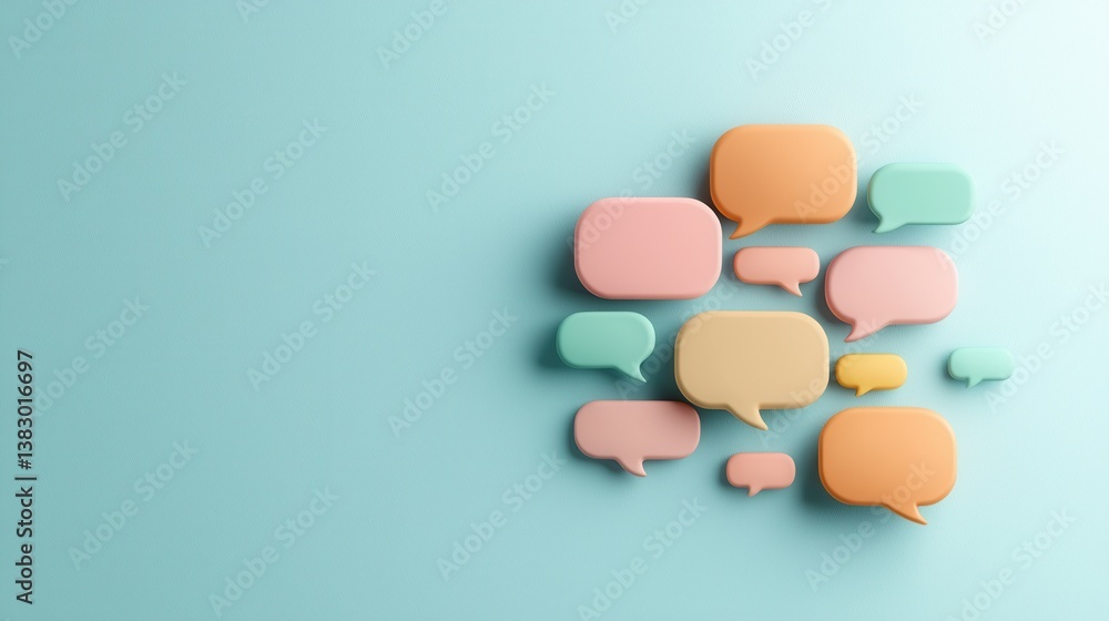 An abstract composition of various sized speech bubbles in pastel shades of pink green and orange against a minimalist pastel background conveying the concept of communication discussion An abstract composition of various sized speech bubbles in pastel shades of pink green and orange against a minimalist pastel background conveying the concept of communication discussion