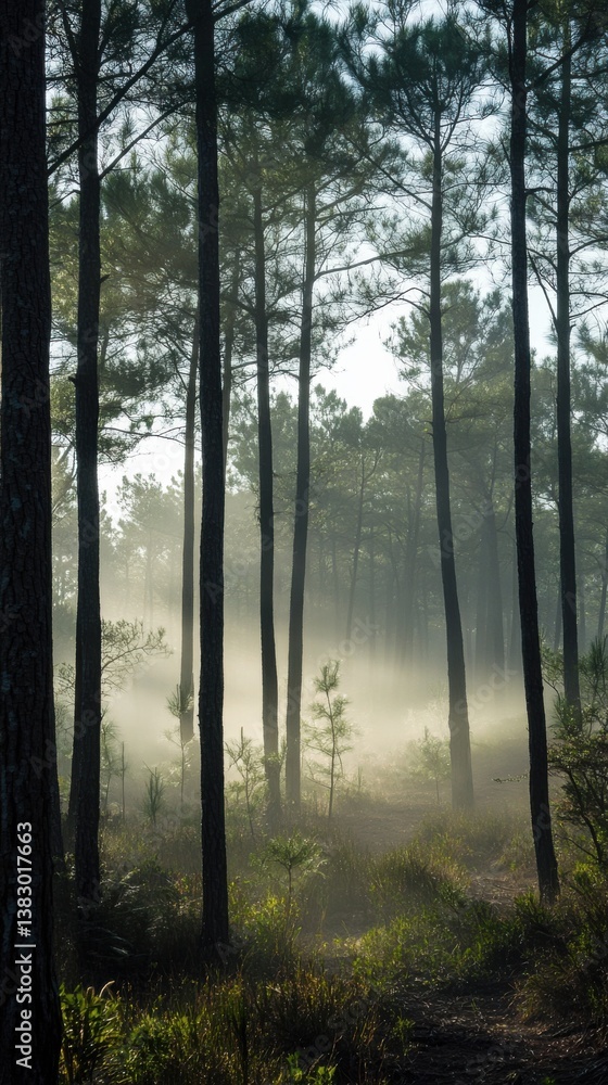 Fototapeta premium Rolling fog drifting through a dense pine forest, mysterious atmosphere. Vertical