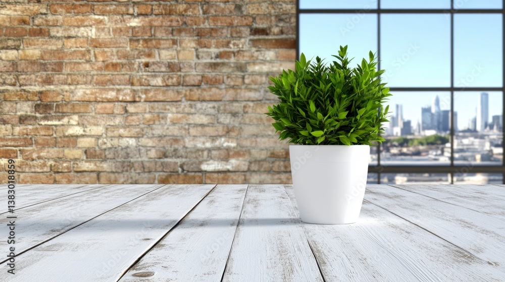 Green plant in white pot on rustic wooden surface against exposed brick wall and city view. Green plant in white pot on rustic wooden surface against exposed brick wall and city view.