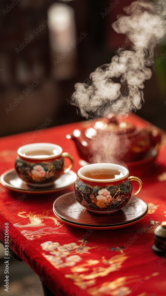 Fototapeta premium A classic tea set releases curling steam atop a richly adorned red and gold table. Vertical.