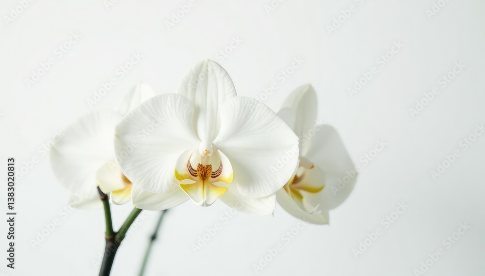 Obraz premium Delicate white orchid blossom against pure white backdrop, background, aesthetic