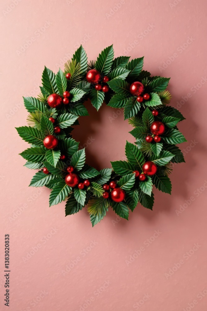 Flat Christmas wreath on a wall, Wreath, Christmas Flat Christmas wreath on a wall, Wreath, Christmas