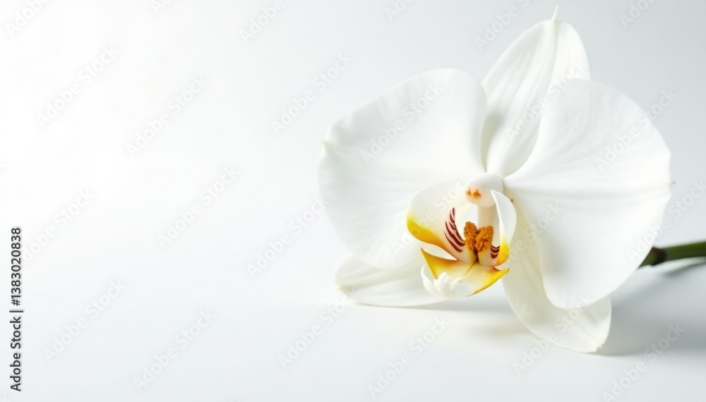 Fototapeta premium Delicate white orchid blossom against pure white backdrop, vibrant, serene