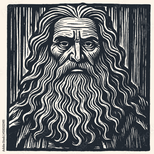 Vector illustration portrait of an old wise man with long hair and beard. Engraved woodcut or linocut print style. Stern, intense look. Monochrome.