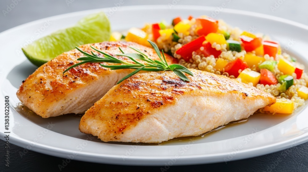 Pan seared salmon fillets with a vibrant quinoa and vegetable salad, garnished with rosemary. Pan seared salmon fillets with a vibrant quinoa and vegetable salad, garnished with rosemary.