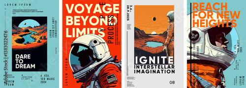 Space. Astronaut. Set of vector posters. Typography design and vectorized illustrations on the background