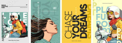 A girl on a moped. Portrait of a happy girl. A set of vector illustrations in the Pop Art style. Typography poster design.