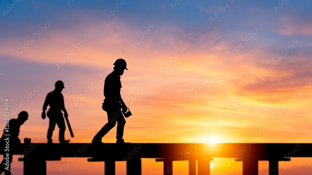 Fototapeta premium Silhouetted construction workers on a structure at sunset. Warm tones dominate the image.
