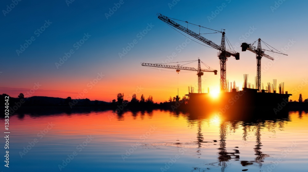 Silhouetted construction cranes reflected in calm water at sunset, cityscape in background. Silhouetted construction cranes reflected in calm water at sunset, cityscape in background.