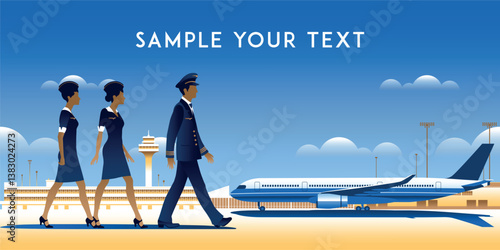 A pilot and flight attendants approach an airplane on the runway. Airport terminals are in the background. Handmade drawing vector illustration.