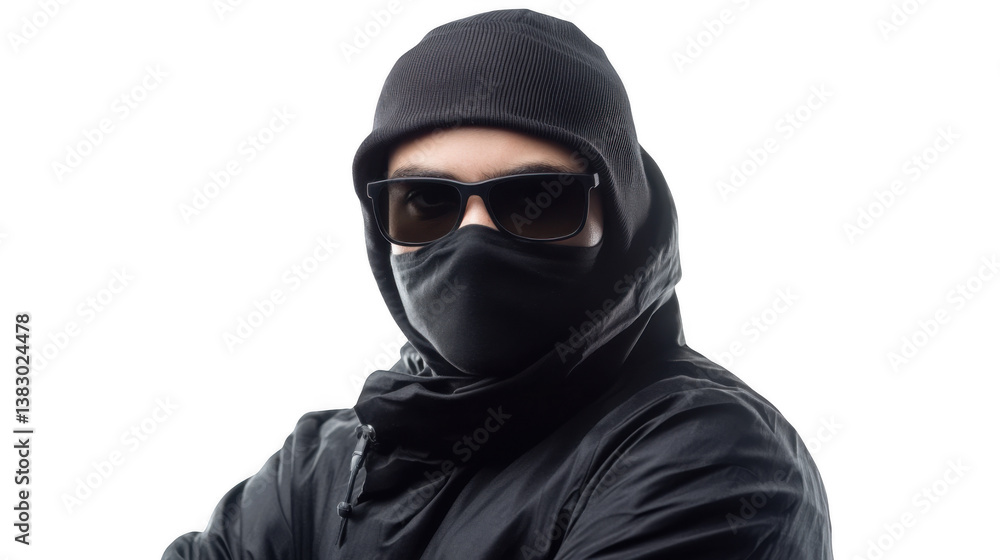 Person wearing black beanie sunglasses and face mask against a black background in a studio shot Person wearing black beanie sunglasses and face mask against a black background in a studio shot
