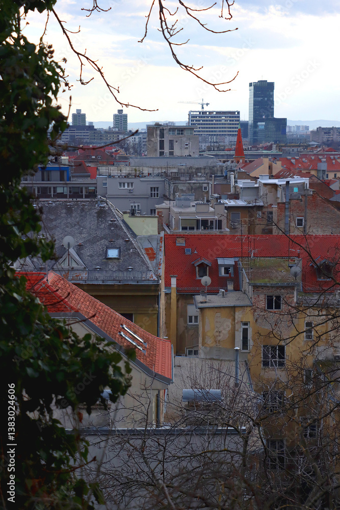 Various historic and contemporary buildings in downtown Zagreb, Croatia.