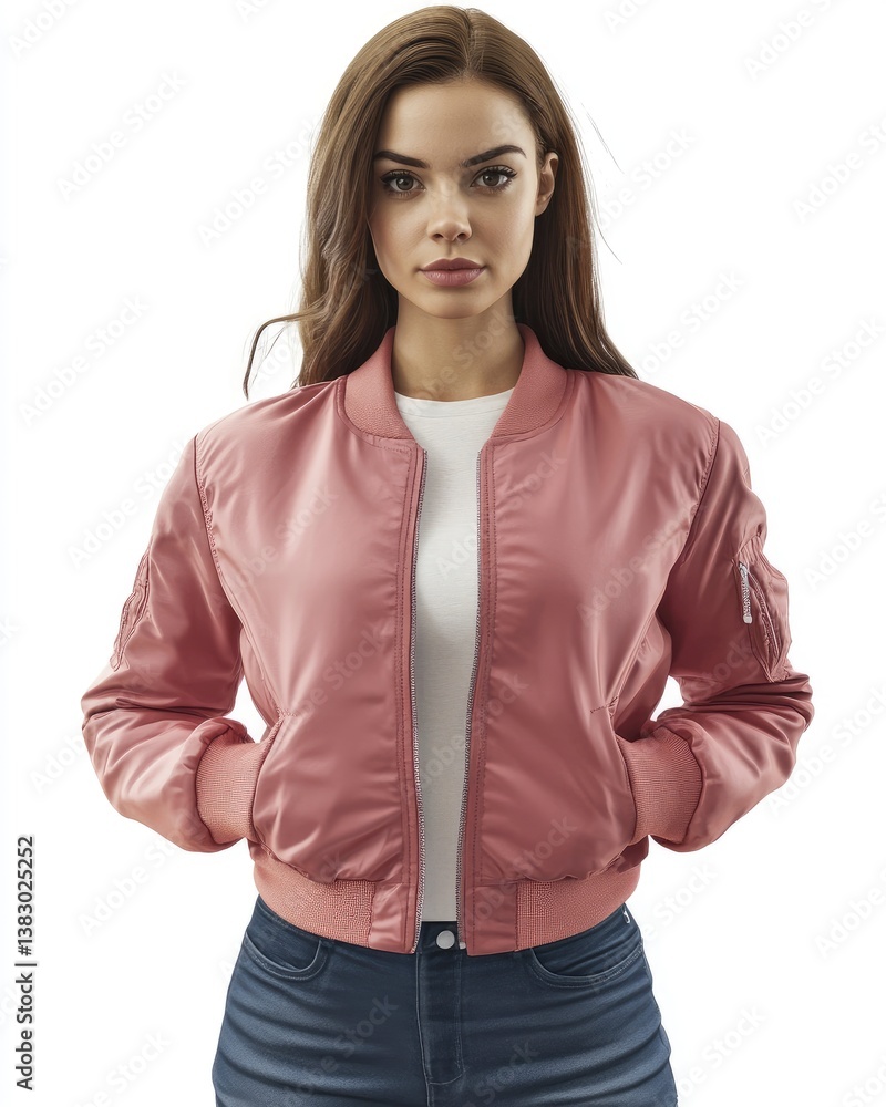 Woman Wearing Pink Bomber Jacket in Studio Portrait for Fashion Appeal Woman Wearing Pink Bomber Jacket in Studio Portrait for Fashion Appeal