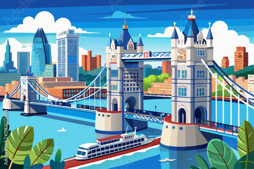 Tower Bridge over Thames river famous tourist landmark with cruise in river transportation for travel in center city of London, UK, United Kingdom, British or England in summer with clear blue 