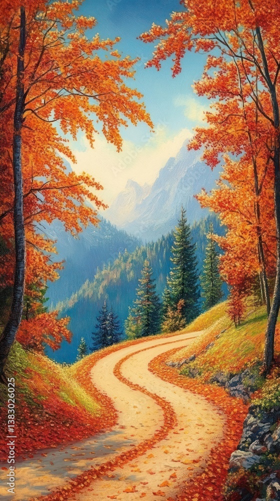 Fototapeta premium An old road twists through an autumn forest alive with deep, warm tones. Vertical.