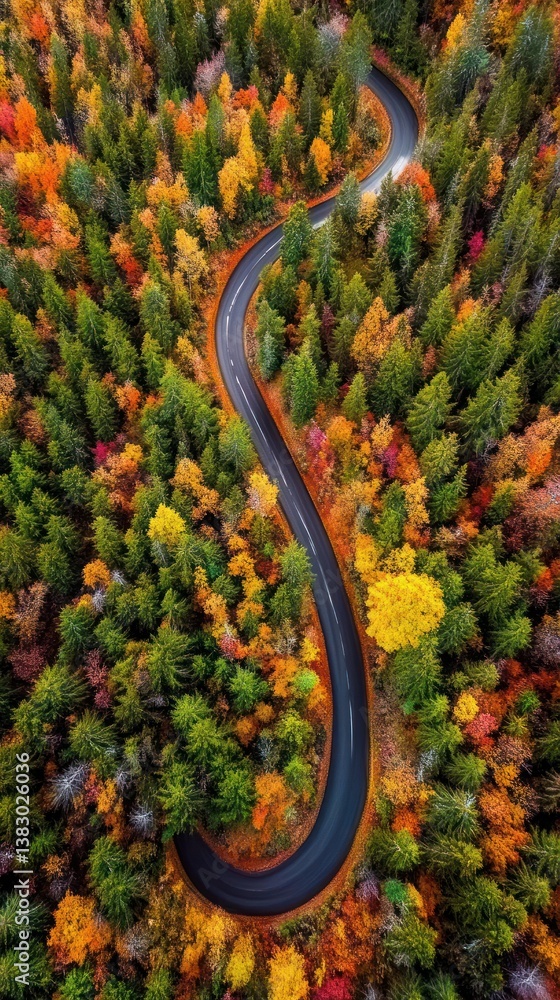 Obraz premium A winding road meanders through a vivid autumn forest filled with falling leaves. Vertical.