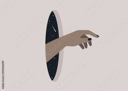 A hand, reaching out from a mysterious dimension, stretches invitingly through a cosmic portal that hints at alternate realities and unexplored realms, captivating the imagination