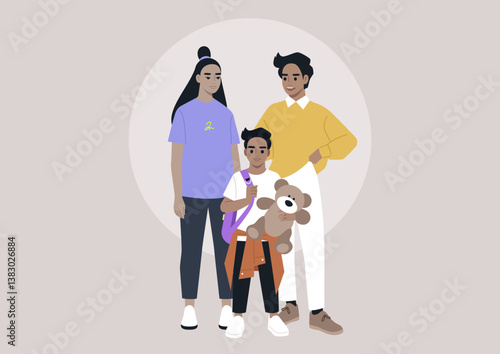 A cheerful preteen stands confidently with a teddy bear, flanked by two supportive parents, all dressed stylishly, The background is softly colored, enhancing the loving atmosphere