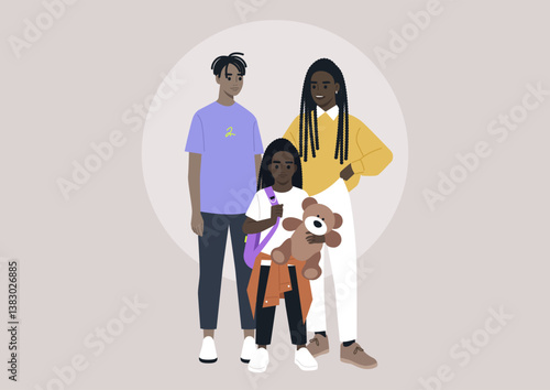 A cheerful preteen stands confidently with a teddy bear, flanked by two supportive parents, all dressed stylishly, The background is softly colored, enhancing the loving atmosphere