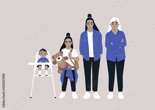 Four generations of women stand together, showcasing the strength of familial connections, from a playful toddler to a wise elder, each representing unique life stages