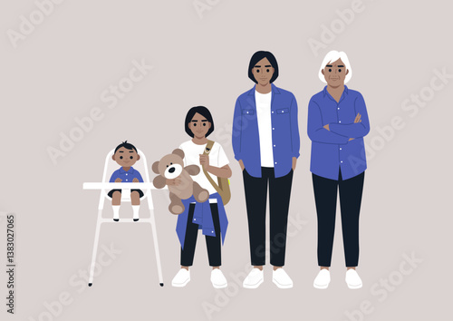 Four generations of women stand together, showcasing the strength of familial connections, from a playful toddler to a wise elder, each representing unique life stages