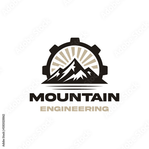 Gear cog wheel with mountain and sun for outdoor journey adventure travelling logo design