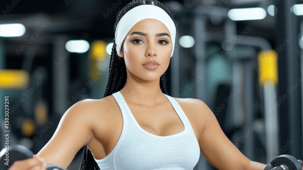 Fototapeta premium Focused young woman with long braids wearing a white sports bra and headband, holding dumbbells in a gym setting.