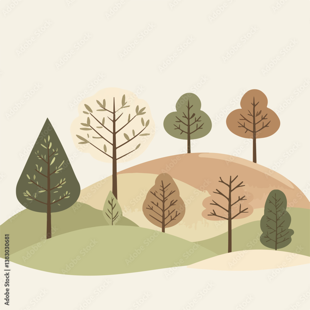 vector minimalist forest scene, flat trees and hills, natural tones vector minimalist forest scene, flat trees and hills, natural tones