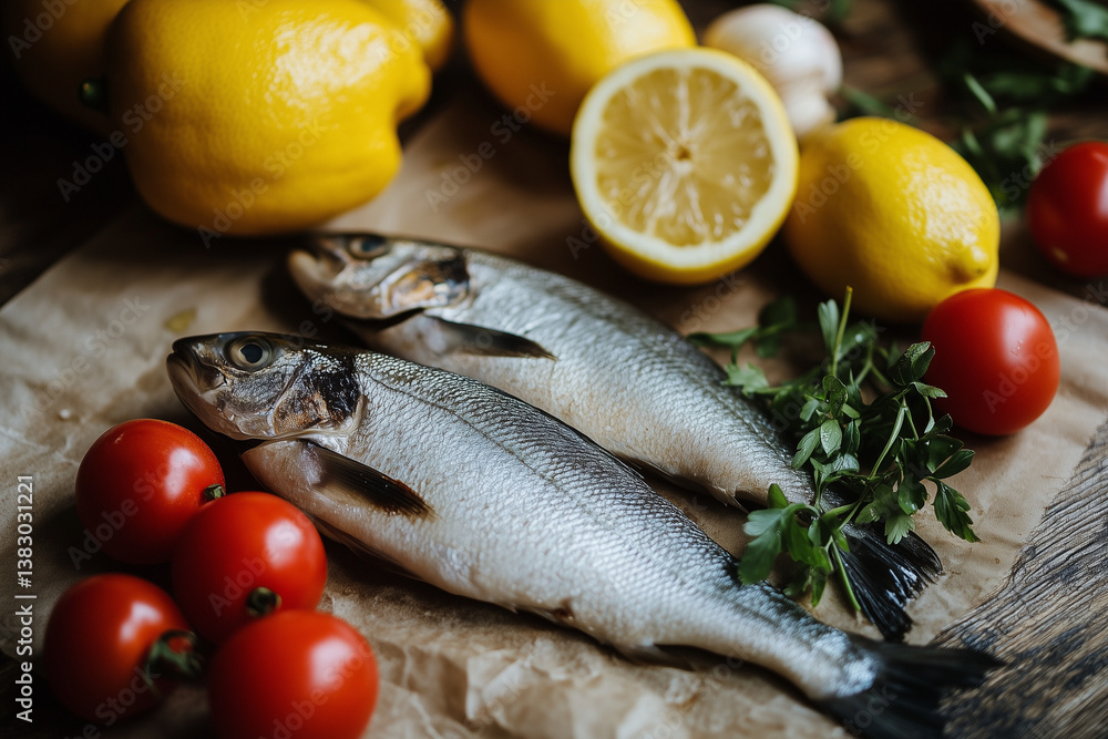 Fresh Raw Fish Preparing with Lemon and Tomatoes for Healthy Cooking Fresh Raw Fish Preparing with Lemon and Tomatoes for Healthy Cooking