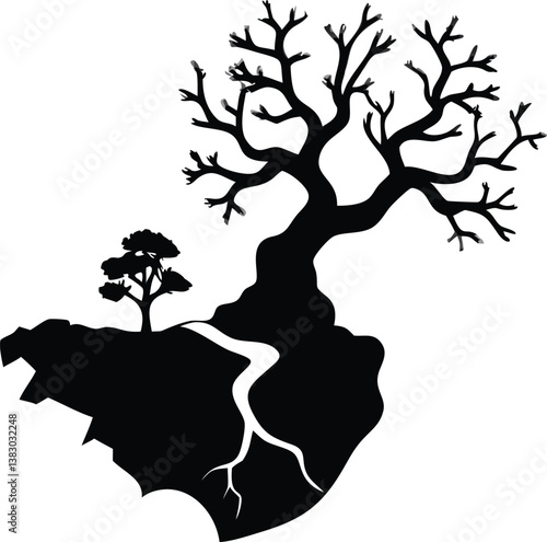 Black and white silhouette of a tree growing from a rocky cliff, ideal for logos, branding, and digital artwork.
