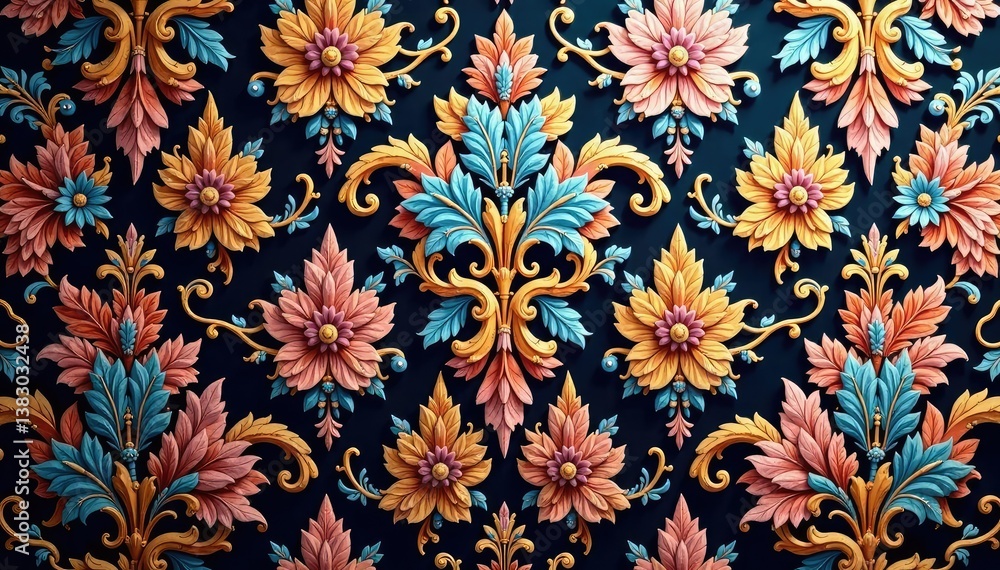 Intricate floral damask textile, elegant swirls , repeat, graphics Intricate floral damask textile, elegant swirls , repeat, graphics